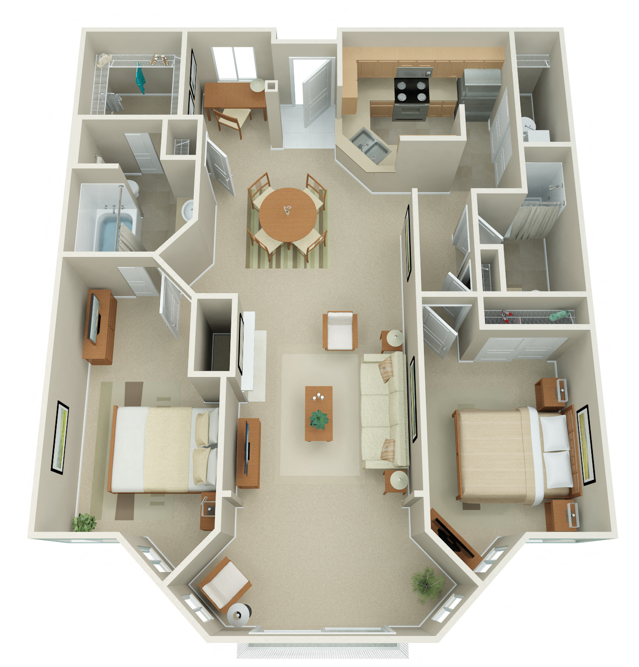 Floor plan for 2 beds, 2 baths, 1293 sqft